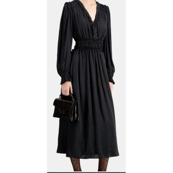 The Kooples $385 Black Long-Sleeve Midi Dress Smocked Waist Size M NWT - Picture 2 of 9